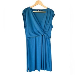 Lands’ End teal blue green cotton blend front wrap cap sleeve jersey dress sz XL